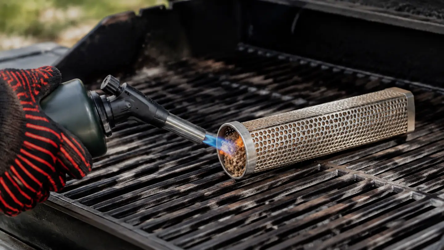 Hand in a heat glove holding a small torch to the open end of a metal smoke tube resting on a grill grate, lighting the pellets inside