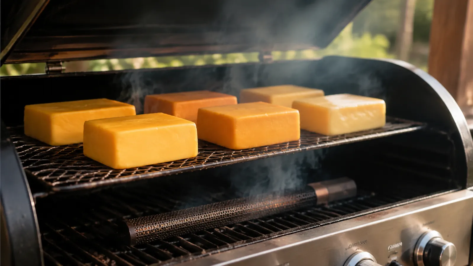 Several blocks of yellow cheese on a wire rack inside a covered gas grill, a smoke tube on the grate below sending a thin wisp of smoke up between the blocks