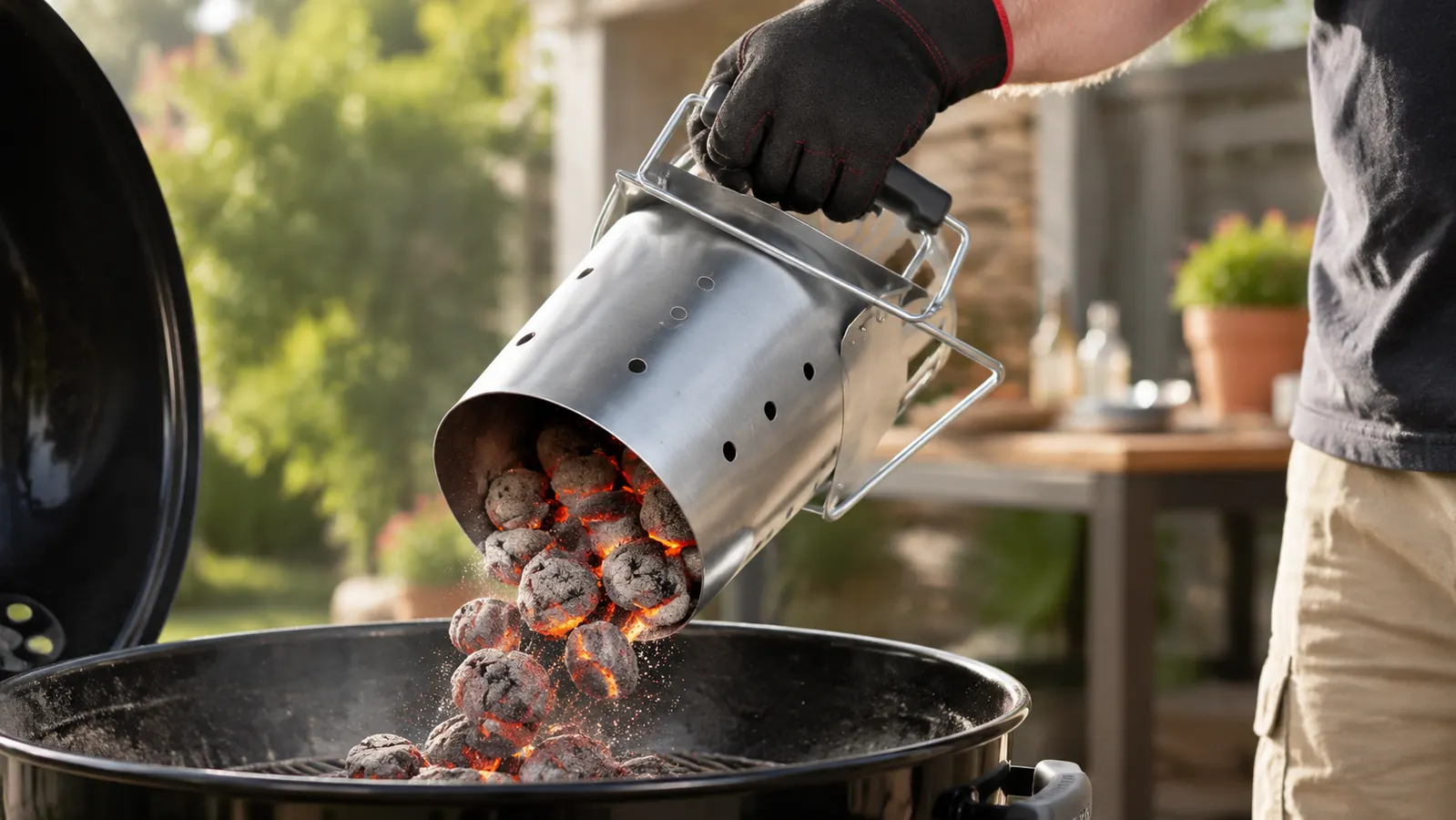 A gloved hand pouring a load of glowing, gray-ashed briquettes out of a chimney starter into the bowl of a charcoal grill