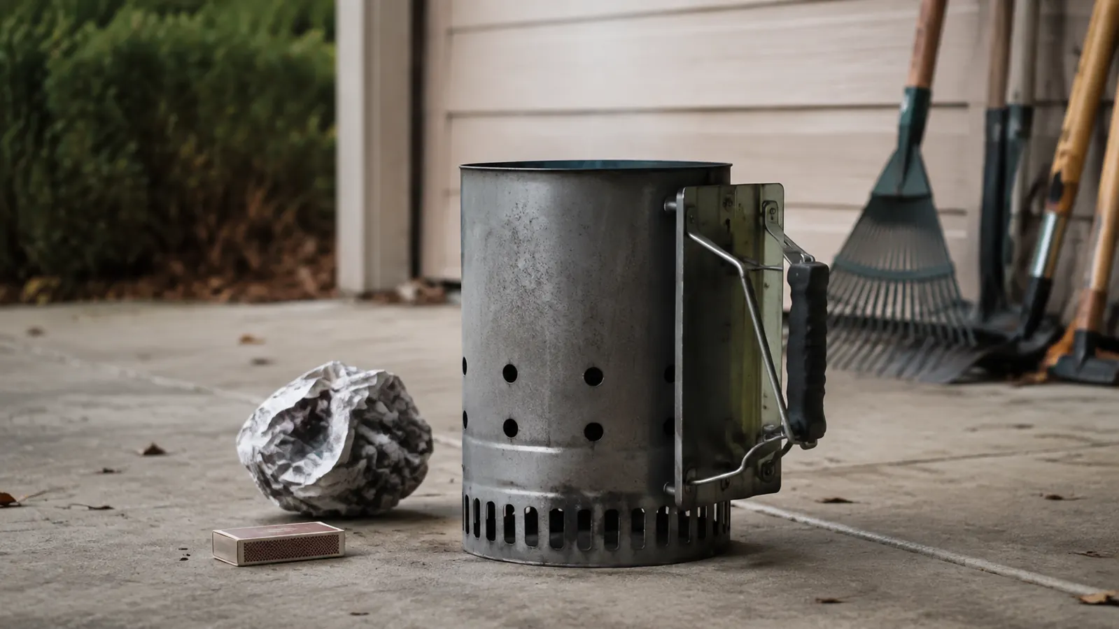A chimney starter standing on a concrete patio beside a ball of newspaper and a box of matches, ready for ignition in overcast morning light